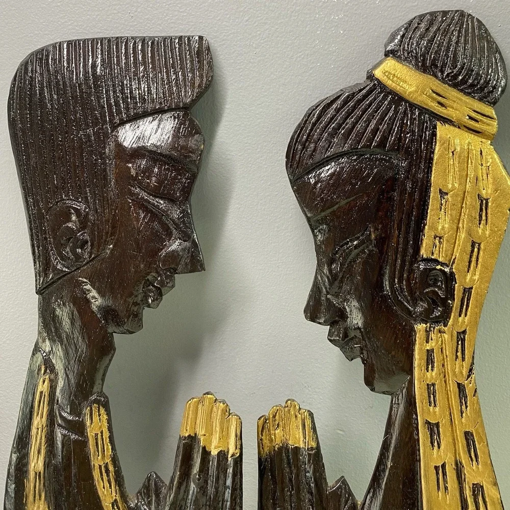 Vintage African Wooden Wall Art. Carved&Painted Teak/Ebony Wood Praying Hand 15